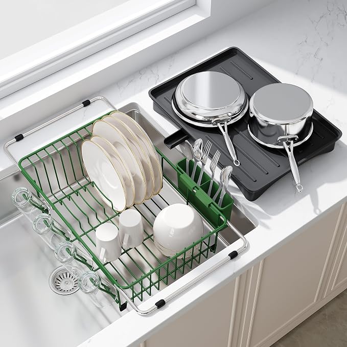 JASIWAY Green Dish Drying Rack in Sink with Drainboard and Utensil Holder | Use Over the Sink or Counter, Stainless Steel Expandable Dish Drainer for Small Kitchen, Space Saving, Fast Drain, Rustproof by JASIWAY