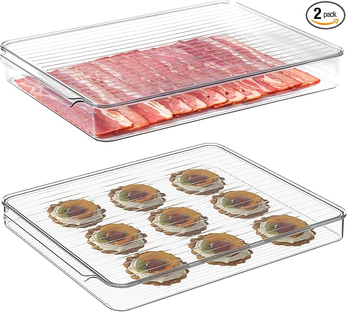 Stackable Freezer Organizer, Flat Produce Saver Sliced Cheese Container with Lids, Freezer Storage Containers Food Storage Tray for Fruits, Vegetables, Meat by vacane