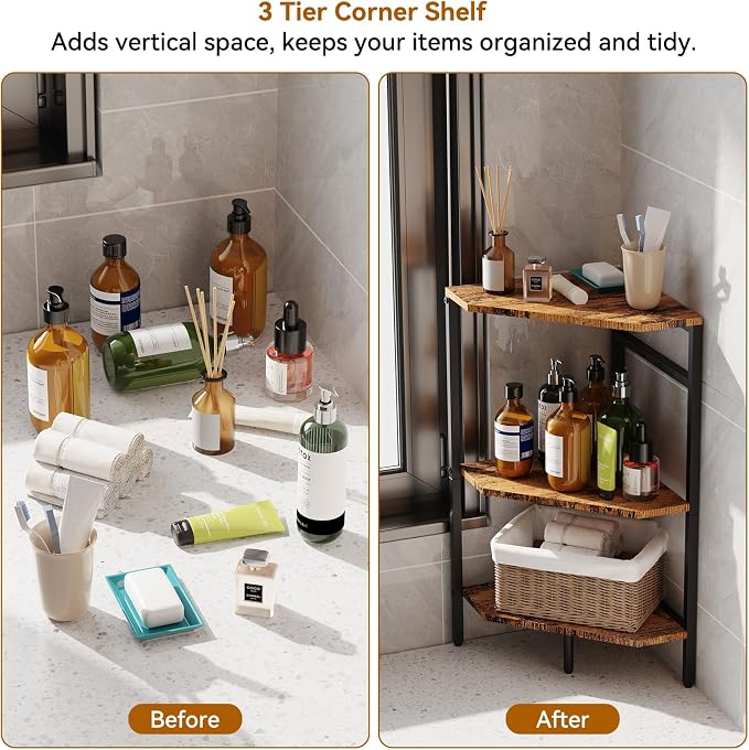 CADUKE Pedestal Sink Storage, 2 Pack Bathroom Under Vanity Storage Shelf | Under Sink Organizer Shelf, Bathroom Organizers Rack Stand, 3 Tier Wooden Corner Shelves, For Small Space, Rustic Brown - Image 9
