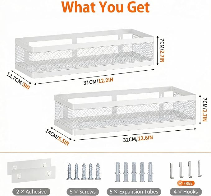 PUSDON Mesh Shower Caddy Wall Mount, Heavy Duty Adhesive Bathroom Shelf Organizer, Rustproof Floating Spice Rack for Kitchen Pantry, Holds 50 LBS, Multi-Purpose Storage White-2 Packs (Netting) - Image 3