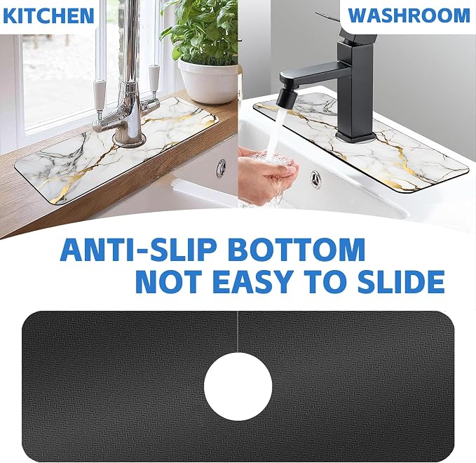 Faucet Mat for Kitchen Sink White Gold Marble Texture Sink Splash Guard Behind Faucet Soft Diatom Mud Material Non-slip Easy to Clean for Bathroom & Kitchen 15"X5.5" - Image 7