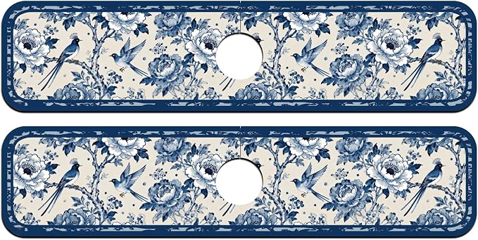 2 Pcs Kitchen Sink Splash Guard Faucet Mat Vintage Porcelain Flowers and Birds Pattern Faucet Mat for Sinks Absorbing Drying Mat for Kitchen Bathroom, 23.6x5.5inch - Image 8