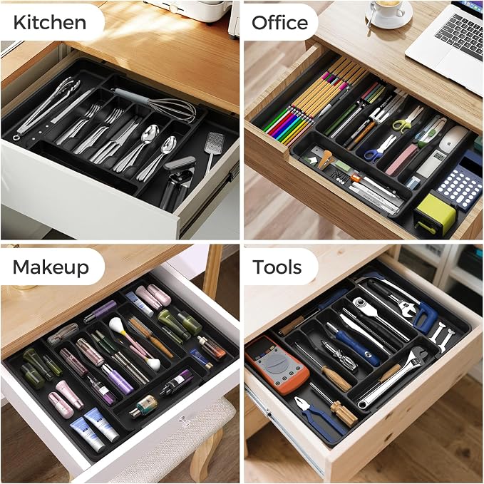 ukeetap Extra Large Expandable Silverware Organizer, Flatware Tray, Black | BPA-Free Food-Safe Kitchen Utensil Cutlery Drawer Organizer, Adjustable Silverware Holder for Spoons Forks Knives - Image 8