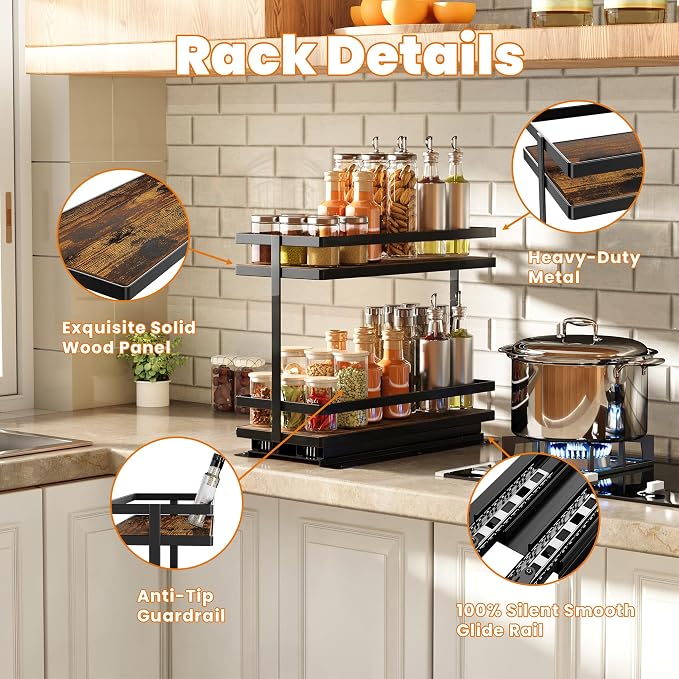 Pull Out Spice Rack 4Pcs Metal & Wood Seasoning Organizer Black | No-Drill Install | Full-Extension Silent Glide | Each Tier Holds 10–12 Standard Spice Bottles | Rustproof, Wipe-Clean Surface - Image 4