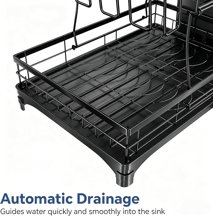 Simple Trending Dish Drying Rack, 2-Tier with Utensil Holder, Black | Stainless Steel Dish Rack for Kitchen Counter, Large Capacity Dish Drainer Organizer, Automatic Drainage, 17"D x 12"W x 15"H - Image 6