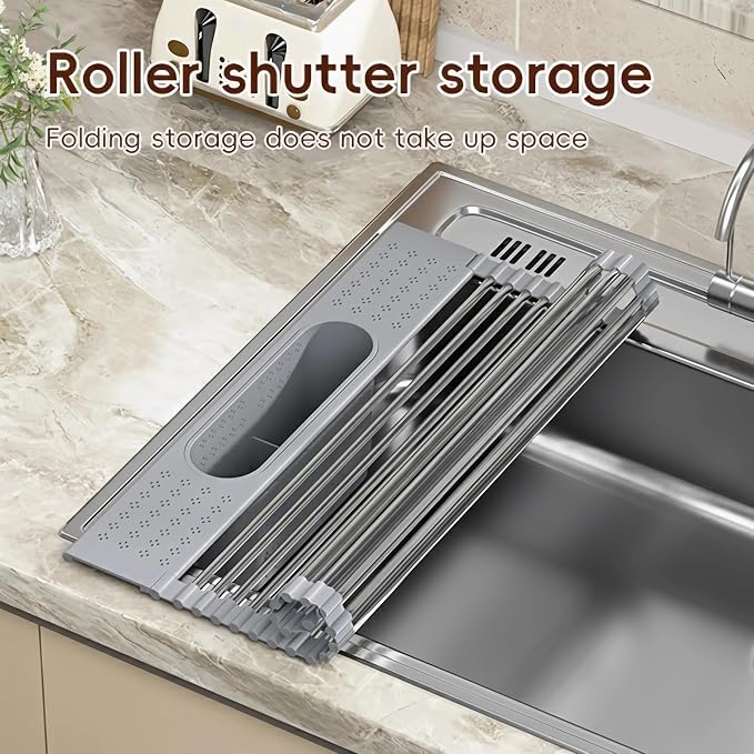 Roll Up Dish Drying Rack Over Sink, 20" X 15.2" Foldable SUS304 Stainless Steel Kitchen Dish Drainer, Heat-Resistant Multipurpose Rolling Sink Rack Organizer, Grey - Image 3