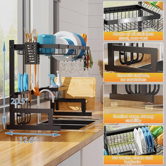 PUSDON Over the Sink Dish Drying Rack, 2 Tier Adjustable Large Capacity Stainless Steel Dish Rack for Kitchen Counter, Heavy Duty Space Saver Organizer with Utensil Holder, Black - Image 3