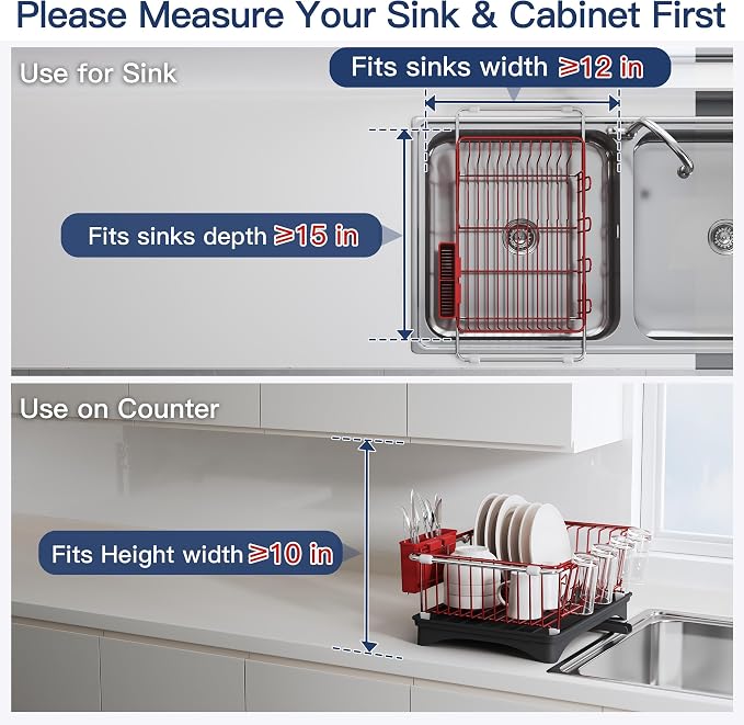 JASIWAY Red Dish Drying Rack in Sink with Drainboard and Utensil Holder | Use Over the Sink or Counter, Stainless Steel Expandable Dish Drainer for Small Kitchen, Space Saving, Fast Drain, Rustproof - Image 3