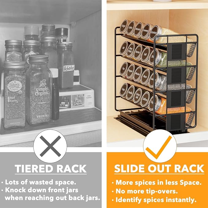 SpaceAid Pull Out Spice Rack Organizer with 20 Jars, Heavy Duty Slide Out Seasoning Organizer for Kitchen Cabinets, with 801 Labels and Chalk Marker, Left Facing - Image 2