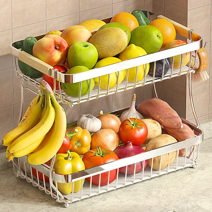 2-Tier Fruit Basket with Banana Hangers, Detachable Metal Bowl | Wooden handle, protective mats included. Versatile holder for bread, snacks, and veggies. Extra Large 2 tier metal design. by Sevenblue