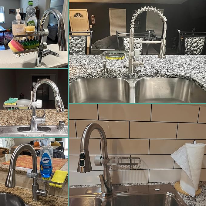 LONIN Sponge Holder Over Faucet Kitchen Sink Caddy Organizer, Stainless Steel Sink Rack for Sponge, Brush and Soap, Quick Drain Hanging Faucet Holder - Image 5
