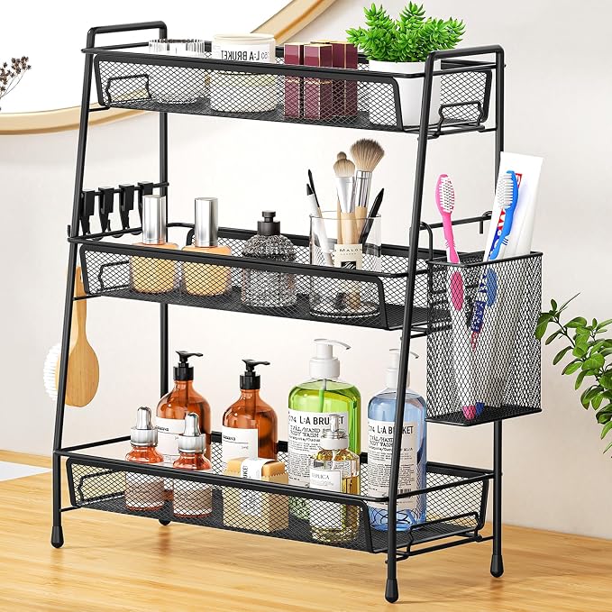 VITVITI 3 Tier Bathroom Organizer Countertop, Counter Storage Shelf, Black | Metal Wire Mesh Bathroom Counter Organizer with Basket Hooks, Vanity Tray, Kitchen Spice Rack by VITVITI
