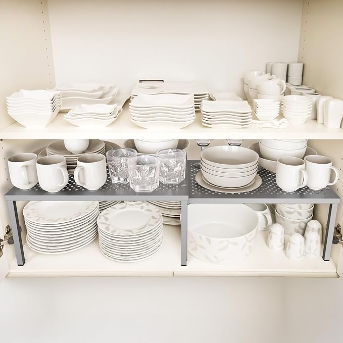 Simple Houseware Cabinet Counter Shelf Organizer w/Steel Surface, Silver | Expandable & Stackable 9" D x 12.75" W x 5.9" H - Image 2
