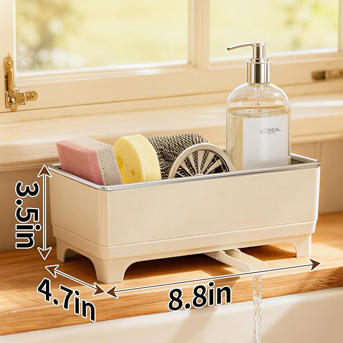 MOUKABAL Rotating Drain Sponge Holder for Kitchen Sink Off-white | Rustproof Stainless Steel/Large Capacity/Keeps Counter Dry/Removable Tray/Soap Bottle Holder - Image 3