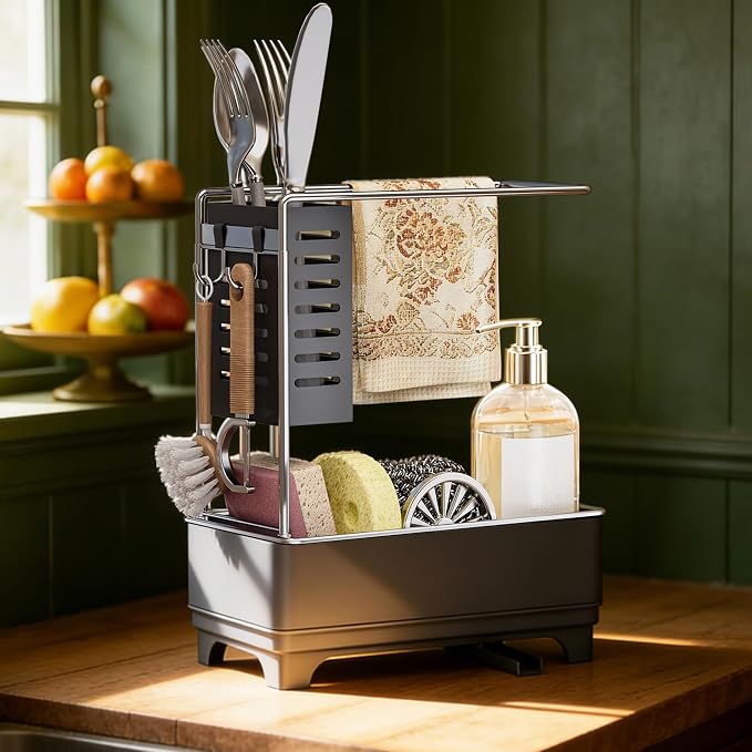 MOUKABAL 2-Tier Sponge Holder for Kitchen Sink, Sink Caddy Organizer Grey | Large Capacity/Rustproof Stainless Steel/360° Rotating Drain Keeps Counter Dry/Holds Sponge & Soap Bottle/Easy-Clean Tray by MOUKABALGREATHELPER