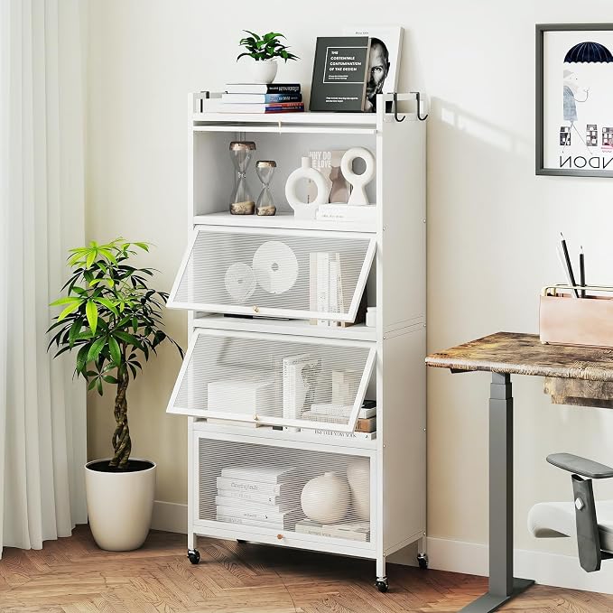 GIANTEX 5-Tier Kitchen Storage Cabinet, 4 PC Doors, Rolling Wheels (White) | Mobile Metal Pantry Cabinet with 4 Hooks & Adjustable Feet, Baker's Rack Microwave Stand for Dining & Living Room - Image 9
