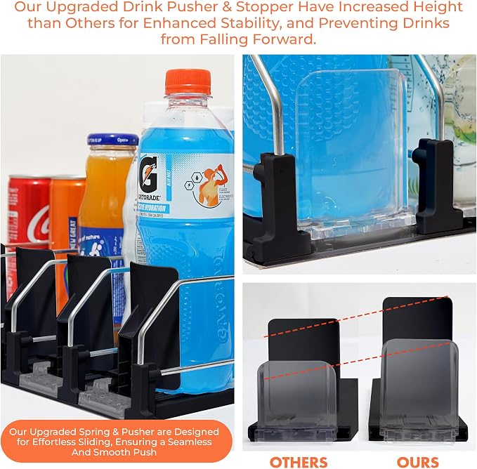 Upgraded Premium Drink Organizer for Fridge. Ultra Space Saving Soda Can Organizer for Refrigerator with Larger Stopper Height and Automatic Pusher with Locking Feature. Holds 10 Cans (2 Rows, Black) - Image 3