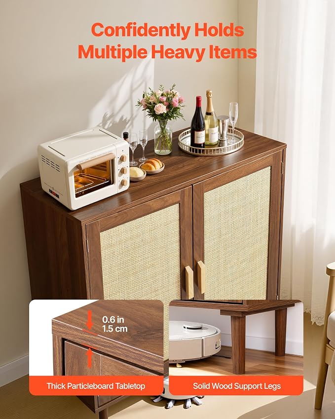 VEVOR Rattan Cabinet, Rattan Storage Cabinet with 2 Magnetic Doors and Adjustable Shelves, Accent Sideboard Buffet with Wooden Legs & Power Cord Hole for Hallway, Entryway, Living Room, Kitchen, Brown - Image 6