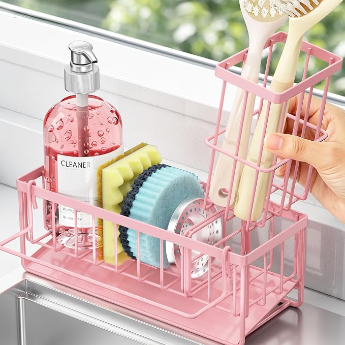 Sponge Holder for Kitchen Sink, Kitchen Sink Caddy, Kitchen Sink Sponge Holder, Dish Sponge Holder, Kitchen Sink Organizer for Sponge, Dish Brush, Scrubber(9.65" x 3.74" x 6.3", Pink) - Image 7