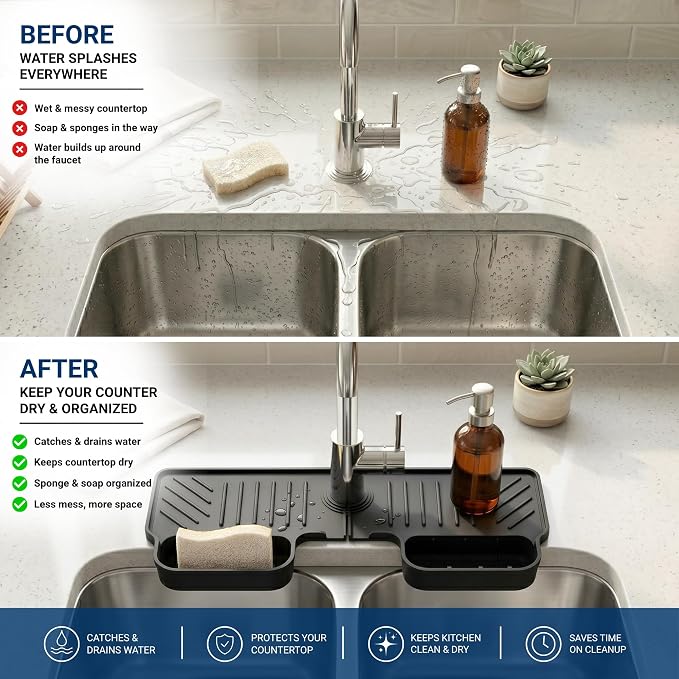 Silicone Faucet Splash Guard Mat 2 Pack – Single Hole, Black & Gray | Fast-Drying Sink Counter Protector & Drain Tray for Kitchen & Bathroom Faucets – BPA-Free, Hand Wash or Dishwasher Safe - Image 4