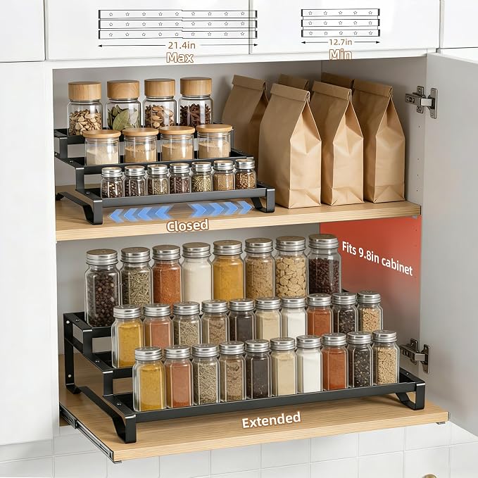 Expandable Spice Rack Organizer for Cabinet 3 Tier Spicy Shelf Black 2Pack | Adjustable Length 13"-21", Easy to See Labels, Sturdy Metal, Slip-Resistant Guardrails for Jars, Cabinet & Countertop Storage - Image 2