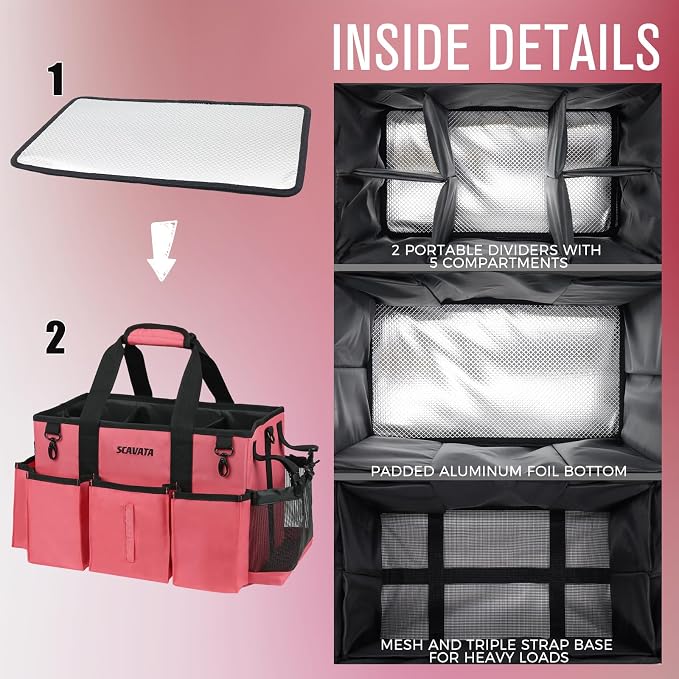 SCAVATA Wearable Cleaning Caddy Bag, Cleaning Caddy Supplies Organizer with Handle & Shoulder Straps for Housekeepers, Under Sink & Car Cleaning Tool Organizers with 4 Foldable Divider (RoseRed) - Image 4