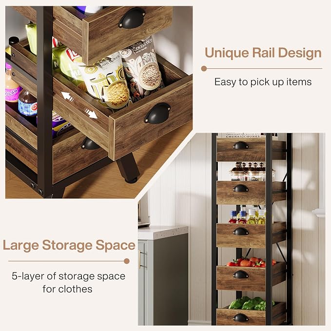 Tribesigns 5-Tier Kitchen Stand Fruit and Vegetable Storage Rack Set of 2 | 5-Tier Narrow Wood Corner Snack Stand Fruit Basket, Pull-Out Utility Organizer for Kitchen, Living Room, Rustic Brown - Image 7