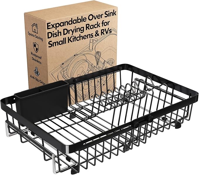 Dish Drying Rack Over The Sink with Utensil Holder | Expandable Stainless Steel Dish Drainer for Small Kitchen, Apartment, RV, Counter Space Saving, Perfect Fit, Rustproof by MAJALiS