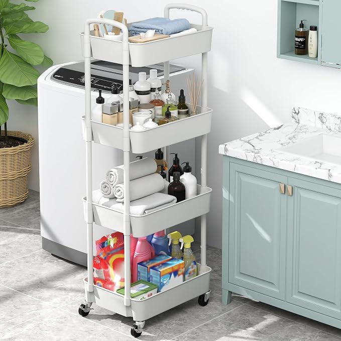 Sywhitta 4-Tier Plastic Rolling Utility Cart with Wheels for Storage,White | Multi-Functional Storage Trolley, for Office, Living Room, Kitchen, Bathroom,Movable Organizer,Space-Saving,Easy to assemble - Image 6