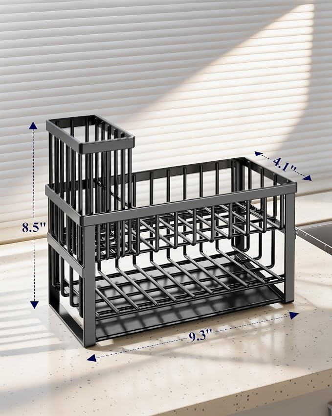 Kitsure Sponge Holder for Kitchen Sink, 9.3" x 4.1" x 8.5", Black | Kitchen Sink Caddy, Home Decor Accessories, Stainless Steel, High Brush Holder - Image 2