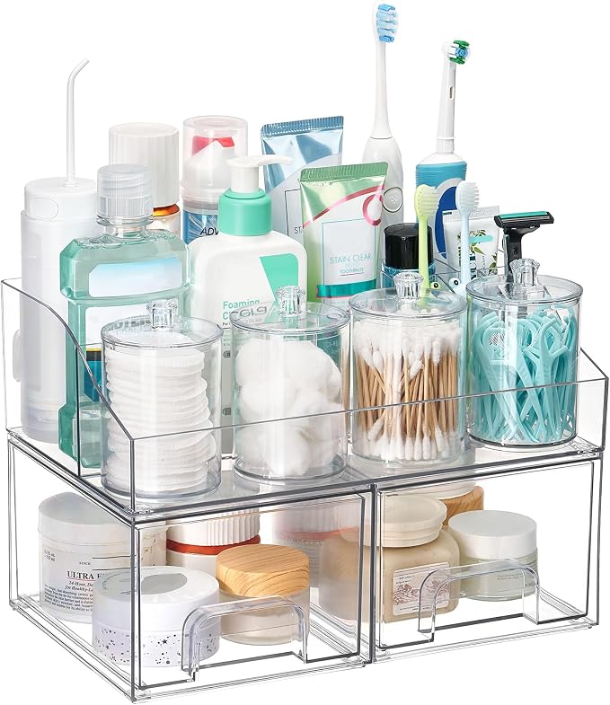 Vtopmart 7 PCS Bathroom Countertop Organizer | 1 Divided Tray, 4 Qtip Holder Jars, 2 Drawers, Clear, For Toothbrush, Cotton Pads, for bathroom countertop by Vtopmart