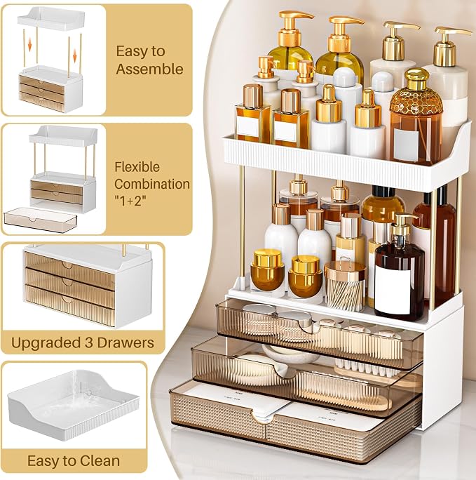 2 Sets 5 Tier Acrylic Makeup & Bathroom Vanity Organizer | 2 Set Amber, 3 drawers 2 open shelves, dustproof, wipe clean, for large skincare, perfumes, lipsticks, dresser, counter - Image 2