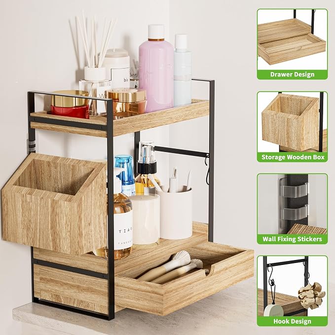 2-Tier Bathroom Counter Organizer, Wooden Vanity Shelf with Drawer & Basket | Pre-Drilled Holes, Skincare & Makeup Countertop Organizer and storage - Image 4