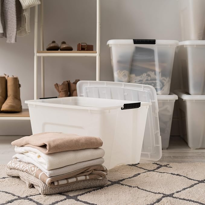 IRIS USA 6-Pack 54 Quart Storage Bins with Lids, Pearl | Conceals stored items for a clean look, Nestable design saves space between uses - Image 5