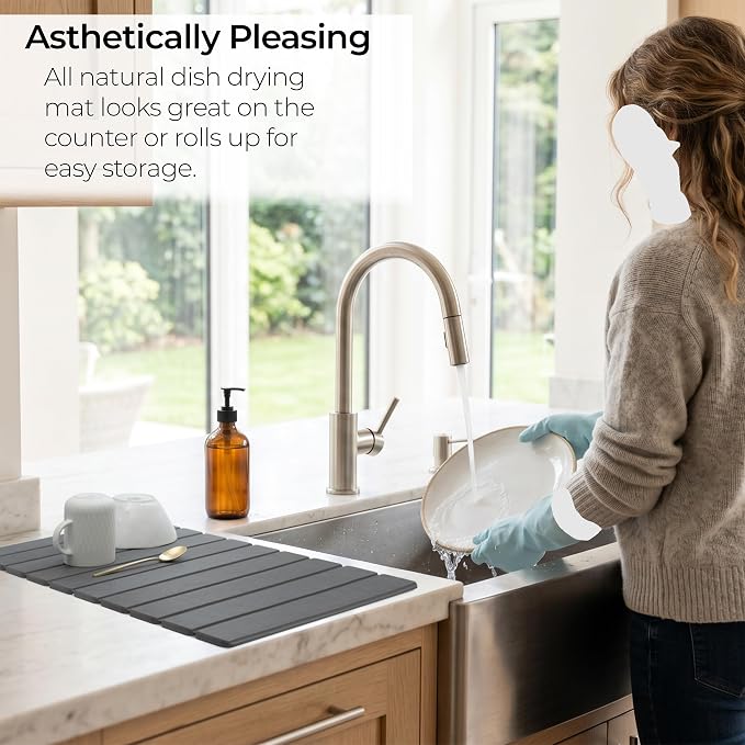 Large Stone Dish Drying Mat for Kitchen Counter, Roll up Pad -Dishes / Rack | Quick dry Fast absorbent sink pads, Diatomaceous earth Material, countertop dryer mats, Matt Finish- Dark Grey - Image 4