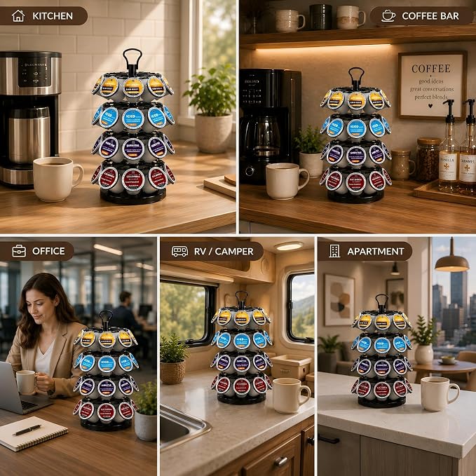 K Cup Holder-Coffee Pod Holder Organizer for 36 Pods,4-Tier K Cup Storage | K Cup Organizer,Stable Base,360°Rotating K Cup Carousel,Space-Saving for Countertop&Office,Coffee Pod Carousel Easy Assembly - Image 7
