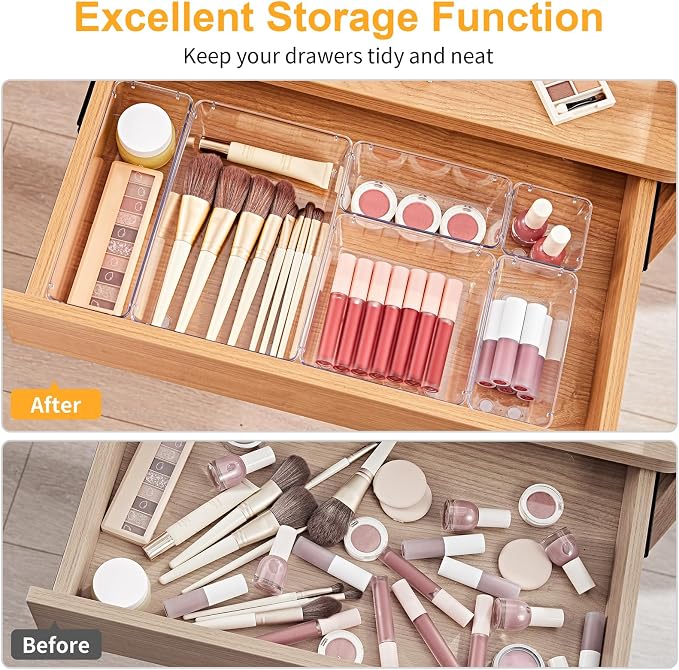 SMARTAKE 13-Piece Drawer Organizers with Non-Slip Silicone Pads, 5-Size | Clear Desk Bathroom Drawer Organizer Trays Storage Tray for Makeup, Jewelry, Utensils in Bedroom Dresser, Office and Kitchen - Image 4