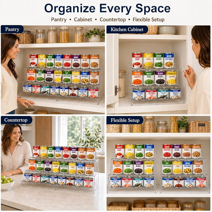 Expandable Can Rack Organizer for Pantry:3-Tier Clear Acrylic Canned Food Storage Holder, Adjustable Pantry Shelf for Kitchen Cabinet & Countertop, Holds Up to 24 Cans - Image 6