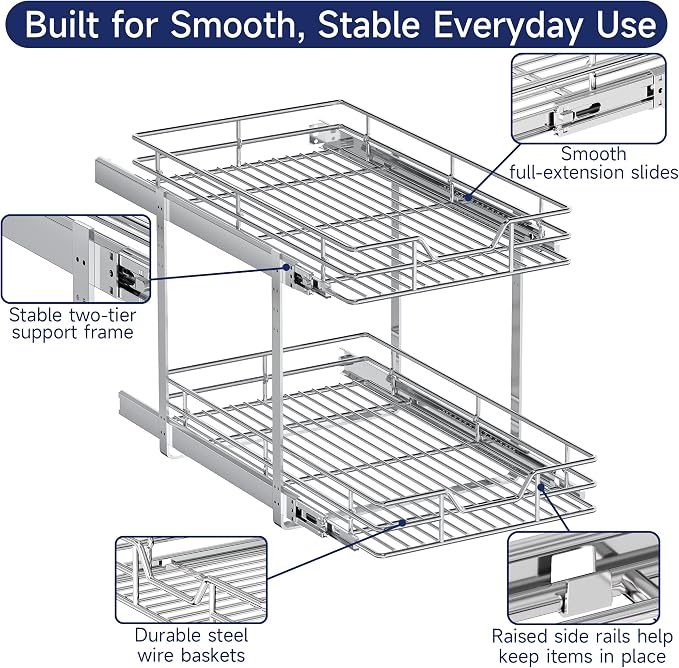 2-Tier Pull Out Cabinet Organizer, 14.5" W x 21.5" D, Heavy Duty Dual Slide Out Shelves for Base Cabinets, Chrome Wire Basket Drawer for Pantry, Kitchen & Bathroom Storage - Image 5