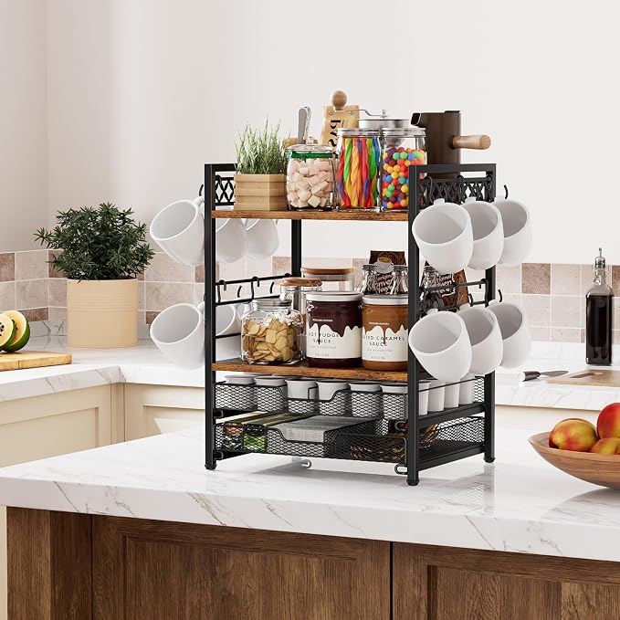Plaviya Coffee Bar Organizer Coffee Station K Cup Holder for Countertop | 30 Coffee Pods Organizer, Mug Holder with 12 Hooks, 2 Drawers, Multifunctional, Kitchen, Dining Room, Office, Rustic Brown - Image 7