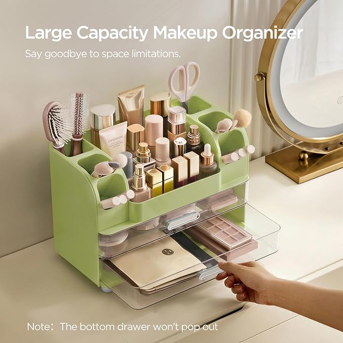 HBlife Makeup Organizer for Vanity with Brush Holder, Large Bathroom Countertop Cosmetic Organizer Skincare Storage, Easy to Store Lipsticks, Nail Polishes, Perfumes, Eyeshadow Palettes, Avocado Green - Image 4