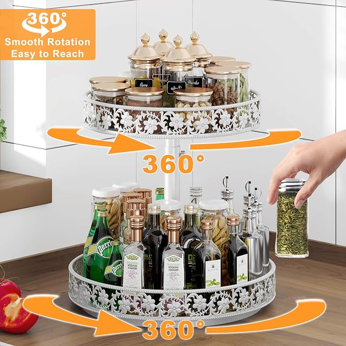 2 Tier Lazy Susan Organizer Turntable, 12 Inch, White | Adjustable, Easy Assembly & Cleaning, Two Tier Rotating Lazy Susan Spice Rack, For Cabinet Dining Table Kitchen Countertop - Image 2