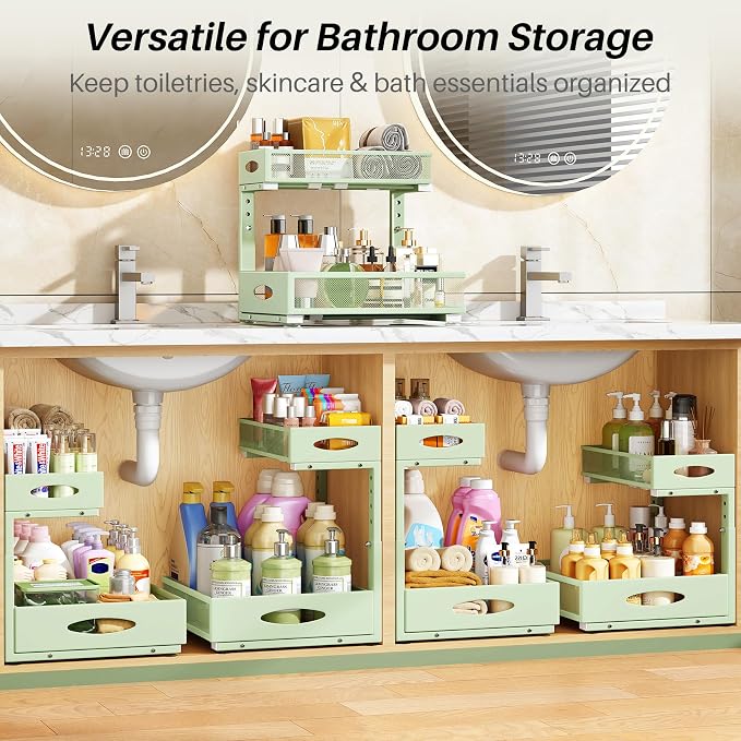 Under Sink Organizer, 1-Pack Pull Out Cabinet Organizer 2 Tier Metal Slide Out Storage Shelf Rack, L-Shaped Adjustable Height,Mesh Sliding Drawer for Kitchen, Bathroom, Laundry, Pantry, Green, XL - Image 8