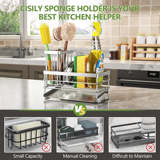 Cisily Sink Caddy Sponge Holder for Kitchen with Brush Holder and Stainless Steel Self Drain Tray, Rustproof Kitchen Sink Organizer for Sponge, Soap Dispenser Storage Accessories - Image 2