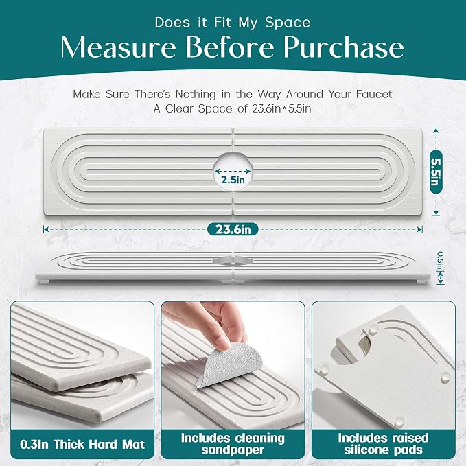 Large Faucet Mat for Kitchen Sink - Stone Drying Mat for Kitchen Counter, Diatomite Fast Drying Stone Sink Tray, Super Absorbent, Stylish Decor and Protector for Bathroom (Light Grey, 23.6" x 5.5") - Image 2