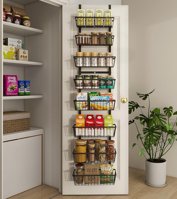 Mefirt 12 Inch Wide Narrow Over The Door Pantry Organizer Black 8-Tier | Pantry Organization and Storage, Metal Hanging Deep Basket Wall Spice Rack Seasoning Shelves, Home & Kitchen Essentials by Mefirt