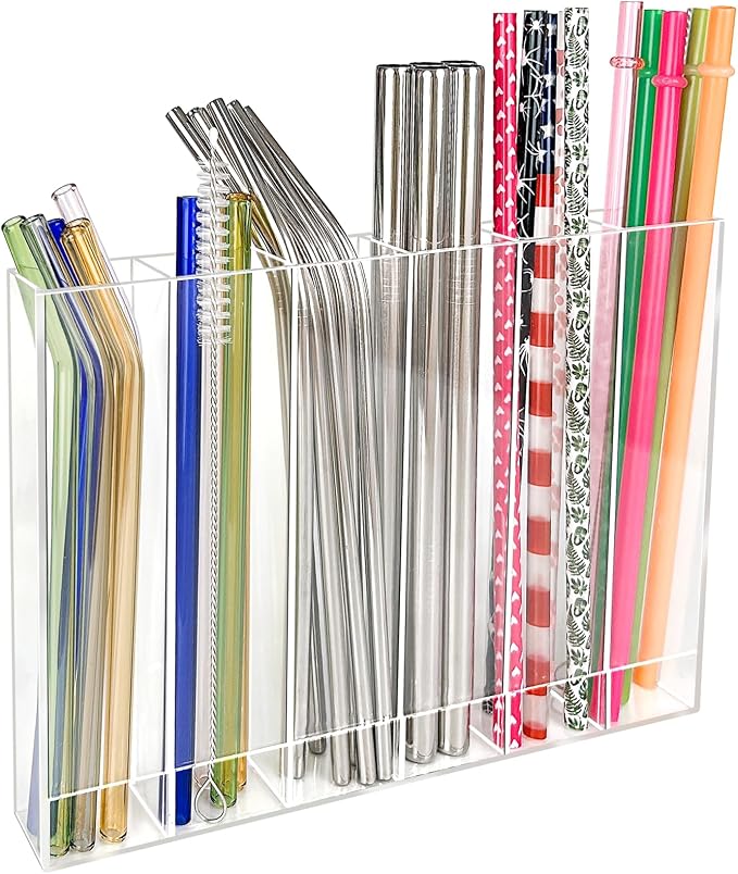 9.6” Large Acrylic Straw Holder for Cabinet Door - 6 compartments, easy to clean, Reusable Tumbler Straw Organizer Storage, Small Kitchen Accessories Container, Ultra Sticky Cupboard Door Mounted by Unknown