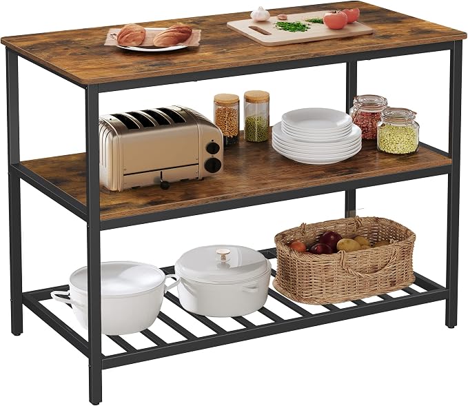 VASAGLE Kitchen Island with 3 Shelves, 47.2 Inches Width Kitchen Shelf with Large Worktop, Stable Steel Structure, Industrial, Easy to Assemble, Rustic Brown and Black UKKI01BX by Unknown