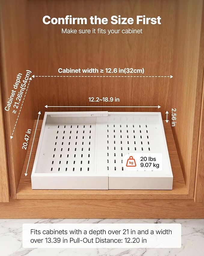 VEVOR Pull Out Cabinet Organizer, 4 Pack Expandable Width (12.2"-18.9"), 20.47" Deep Pull Out Drawers for Cabinets, Sliding Drawer for Kitchen Pantry Cabinet Organizer with Nano Adhesive Strips, White - Image 2