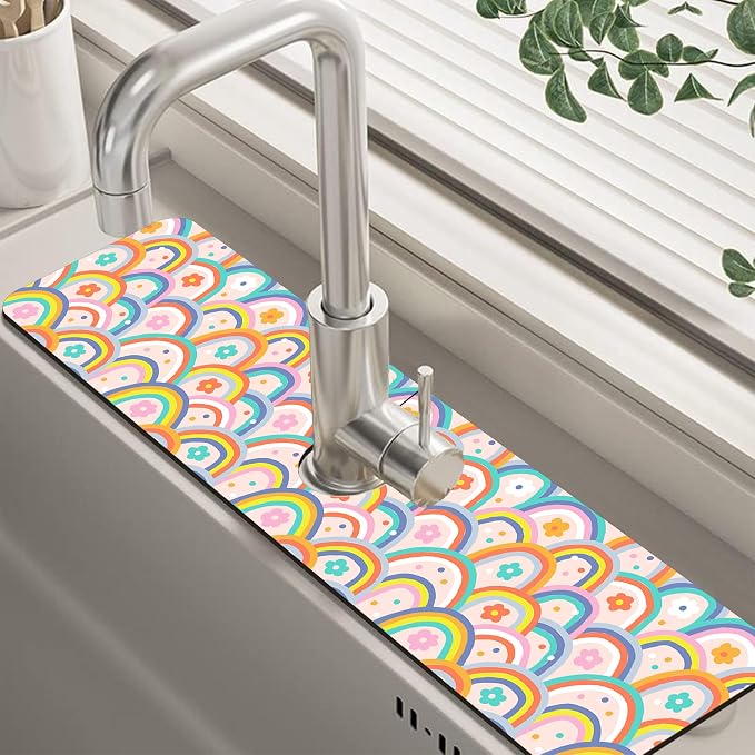 Boho Rainbow Hippie Floral Kitchen Sink Splash Guard Mat Absorbent Fast Drying Mat Faucet Draining Mat Sink Splash Guard Behind Faucet Drip Catcher for Kitchen Bathroom 5.5"×24" by Unknown